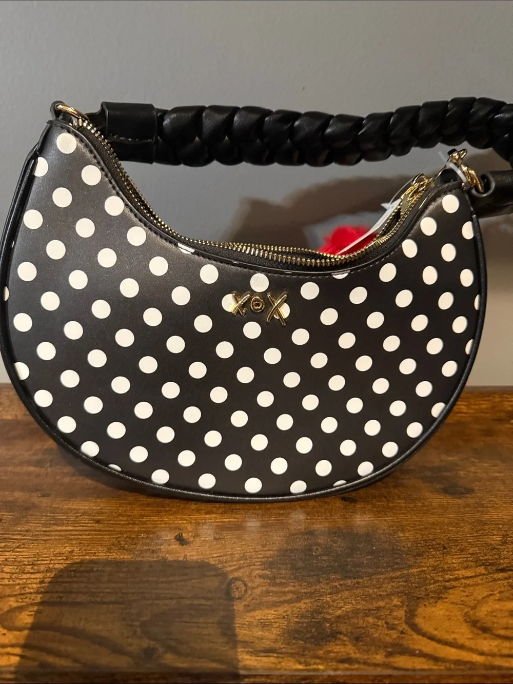 Betsey Johnson Black and White Polka Dot Crescent Shoulder Bag